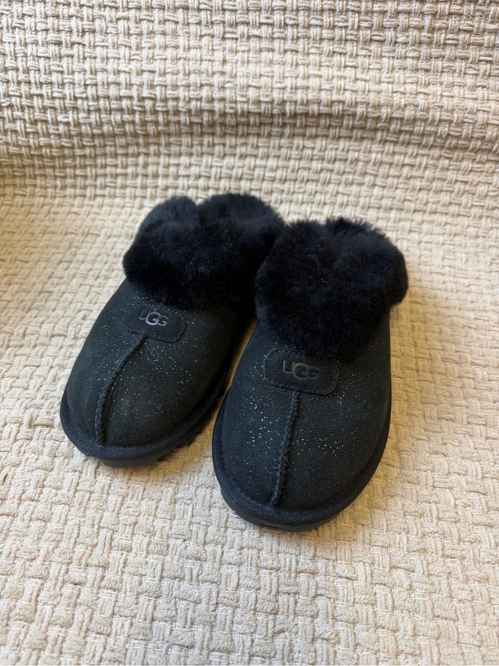 UGG Kids Black Pom Pom Slip-On Clog